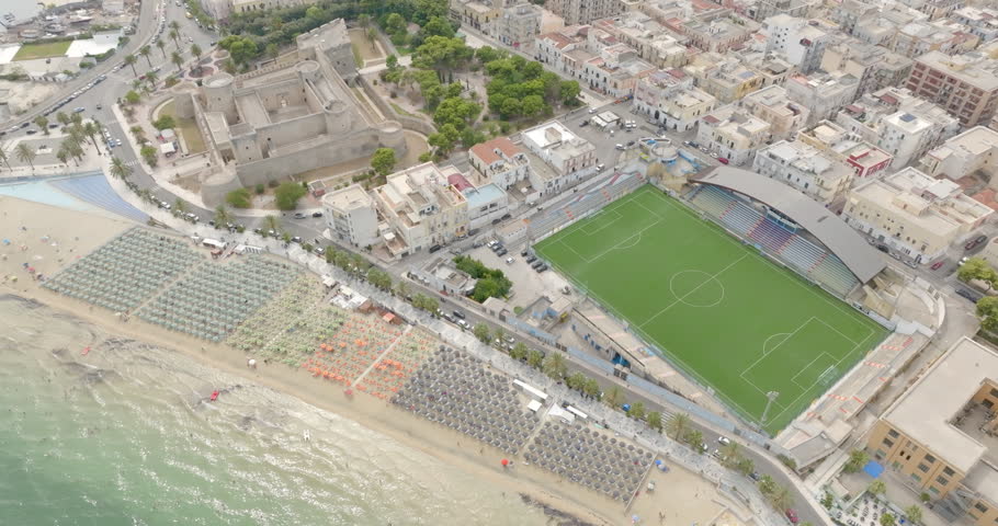 Aerial view of the castle and the stadium of Manfredonia, in Puglia, Italy. It is a town on the Mediterranean Sea.