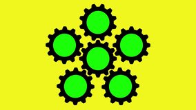 Seamless rotating gear is surrounded by five other gears that represent their system and integration, with a green screen in the center of the gears. - Powered by Shutterstock - Get 15% off with code: PIKWIZARD15