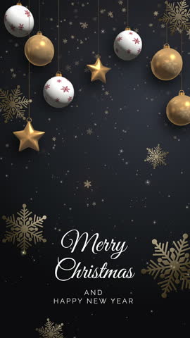 Traditional Christmas tree glossy golden ball and star realistic loop animation. Festive holiday decor bright toy on black background. Copy space.