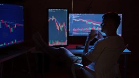 Rear view of relaxed male trader analyzing stock market charts on multiple computer screens in home office at night, sipping coffee with feet up on desk. Concept of online trading and investment. - Powered by Shutterstock - Get 15% off with code: PIKWIZARD15