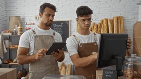 Hispanic men working in a bakery shop interior, focusing intently on a tablet and point of sale system with shelves filled with bread and pastries in the background. - Powered by Shutterstock - Get 15% off with code: PIKWIZARD15