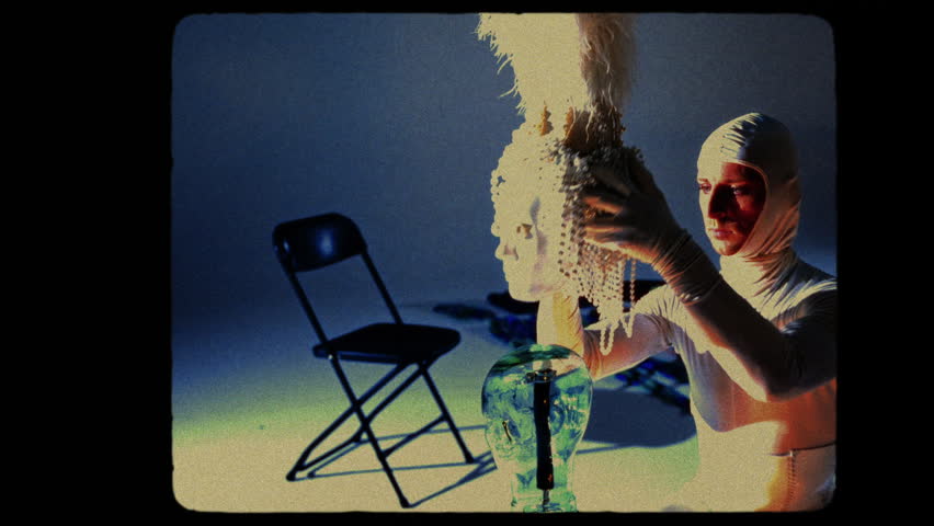 An avant-garde performer in a striking white costume engages in a captivating transformation as they slowly put on a beautifully designed mask.