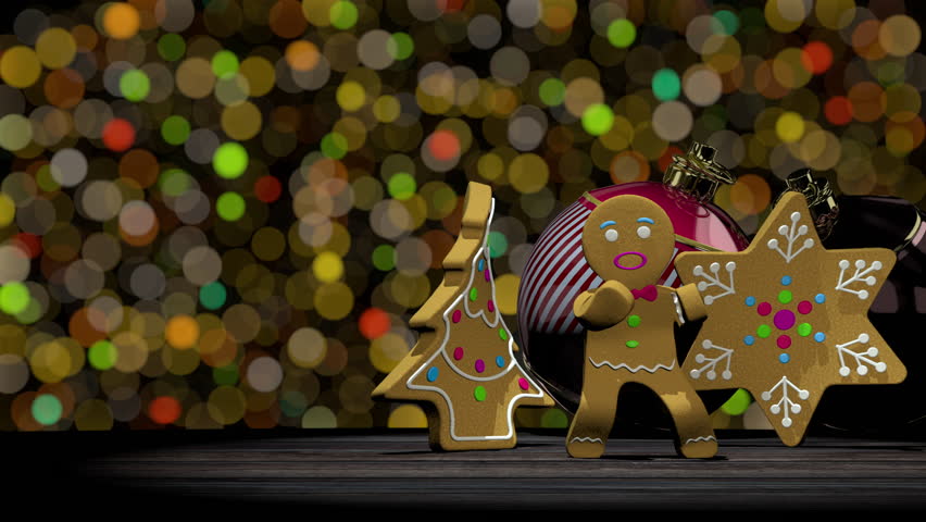 Dancing gingerbread man next to gingerbread cookies in tree and star shape on wooden table against defocused lights background. Loop sequence. 3D animation