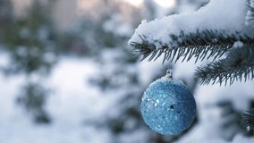 Blue New year ball on snowy pine tree branch with snow. Christmas decoration. Winter holidays. Outdoors - Powered by Shutterstock - Get 15% off with code: PIKWIZARD15