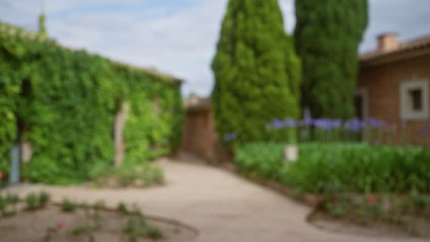 Blurry outdoor scene in mallorca with defocused garden and pathway surrounded by lush green ivy and rustic buildings.