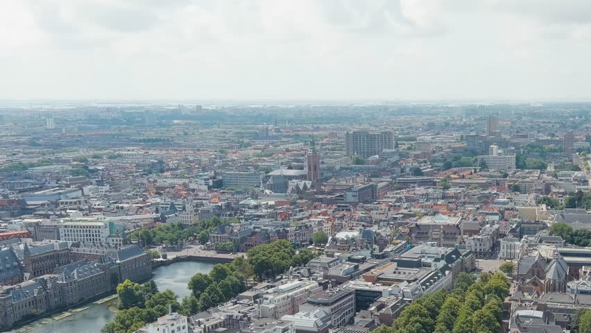 Dolly zoom. The Hague, Netherlands. The Hague Center - The historical center of the city. Cloudy weather. Summer day, Aerial View