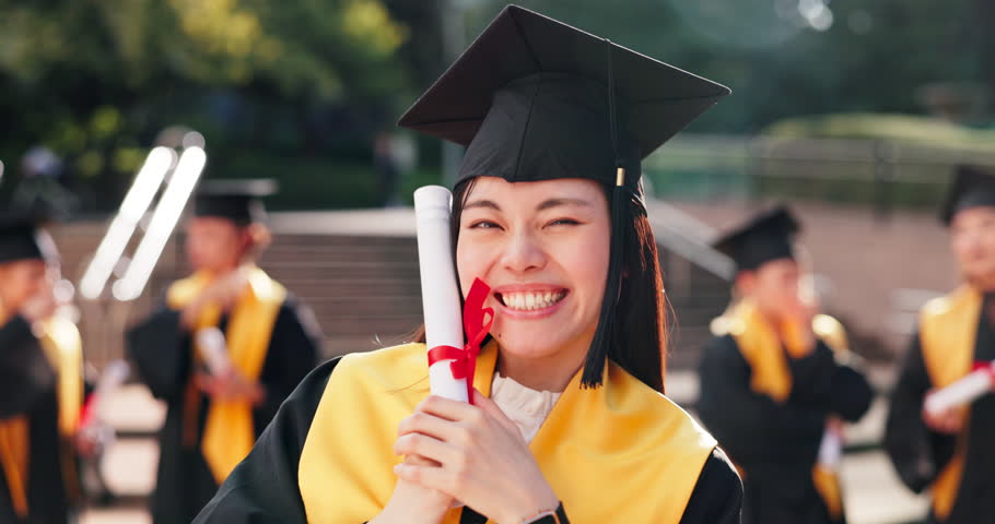 Face, excited and girl with diploma at graduation for education, achievement and university certificate. Woman, student and scroll for award celebration, studying success and academic event in Japan