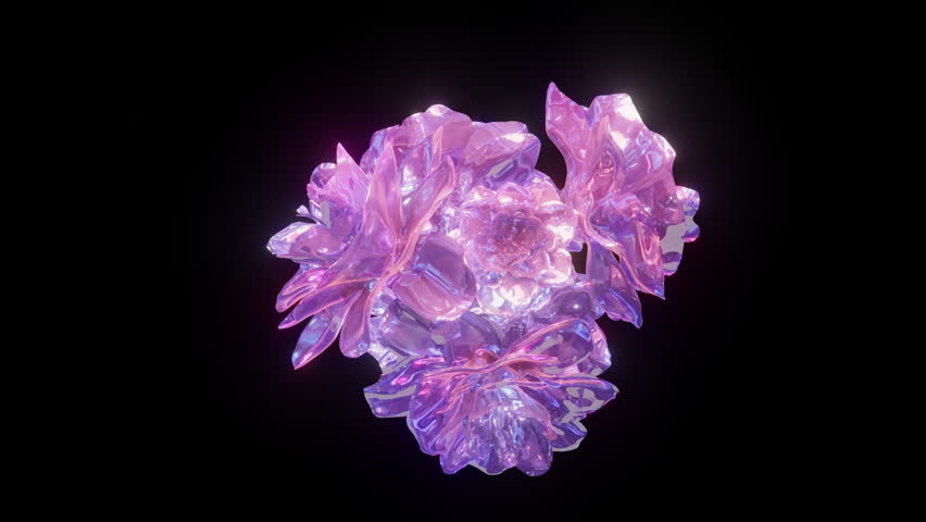 A glowing, iridescent crystal flower with vibrant pink and purple hues floating against a deep black background, exuding elegance.