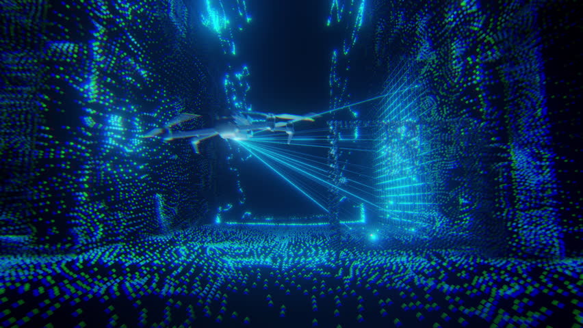 A drone equipped with sensors scans a hard-to-reach area using blue laser beams in a futuristic digital environment.