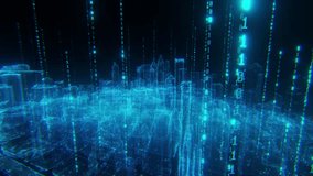 A glowing holographic cityscape rendered in blue, surrounded by cascading binary code, symbolizing advanced technology and digital innovation. - Powered by Shutterstock - Get 15% off with code: PIKWIZARD15