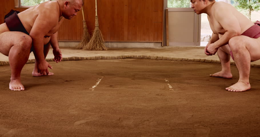 Fighting, sumo or men in wrestling practice in training exercise, workout or challenge. Asian tradition, skill or Japanese people in dohyo together for fitness or physical combat technique in Japan