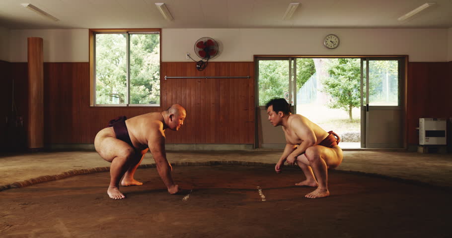 Sumo, wrestling and winner with Japanese people in ring for training, tournament fight and competition. Culture sports, traditional and game with asian men in temple for festival, ritual and heritage