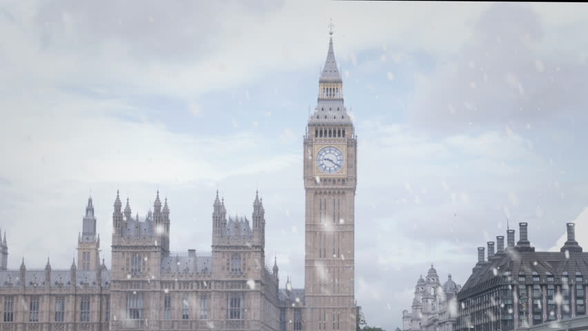 London in Winter. View of Big Ben and the Palace of Westminster, a Snowy Day Before Christmas. 