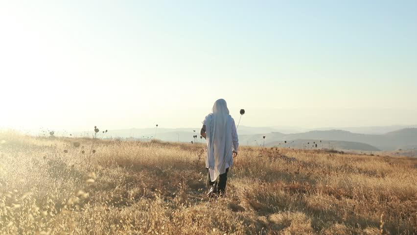 A Jew prays in a field at sunrise. with Tallit and Sidur Tfilat Shacharit.