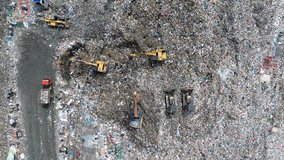 Aerial footage of a landfill site with heavy machinery operating to manage waste. The scene showcases environmental pollution and waste management activities. - Powered by Shutterstock - Get 15% off with code: PIKWIZARD15
