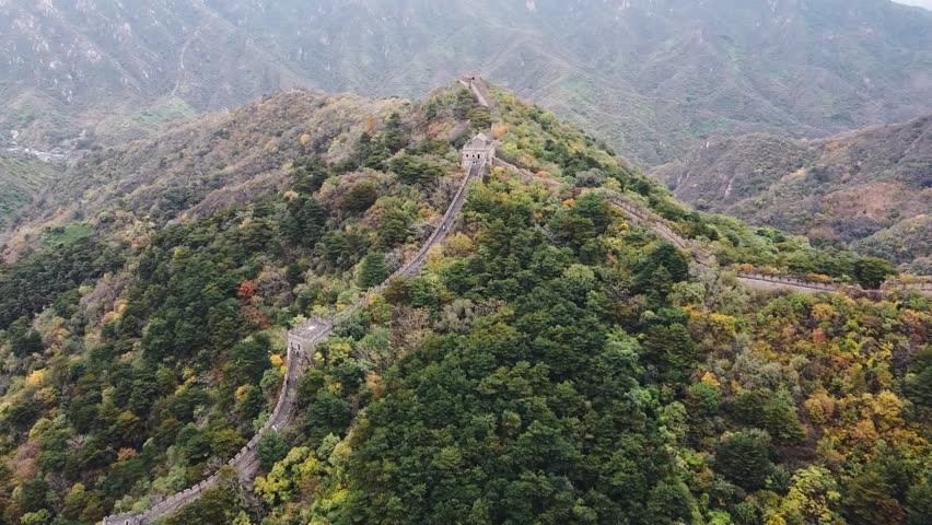 Aerial view of the Chinese Great Wall with watchtowers, autumn color leaves and mountains landscape in the background in the Huairou area, near Beijing, China