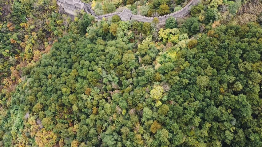 Aerial view of the Chinese Great Wall with watchtowers, autumn color leaves, a mountains landscape and a village in the background, foggy day in the Huairou area, near Beijing, China