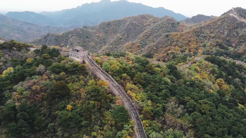 Aerial view of the Great Wall of China through the mountains in Huairou, near Beijing, on a cloudy day of autumn