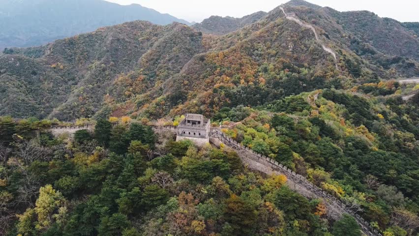 Aerial view of the Great Wall of China with autumn leaves color, in the mountains of Huairou, near Beijing; zoom in drone video video