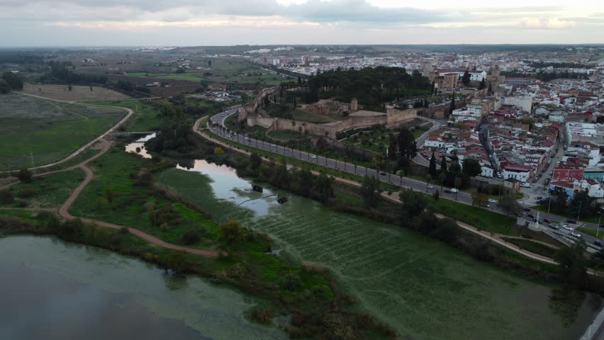 Aerial View Of Alcazaba of Badajoz At Dusk In Badajos, Extremadura, Spain.