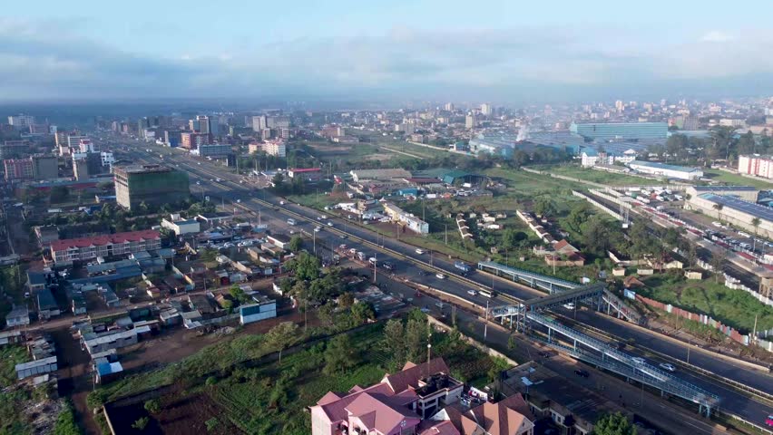 Aerial View of Suburban area of African urban village Ruiru, Thika Road Superhighway, Nairobi Kenya