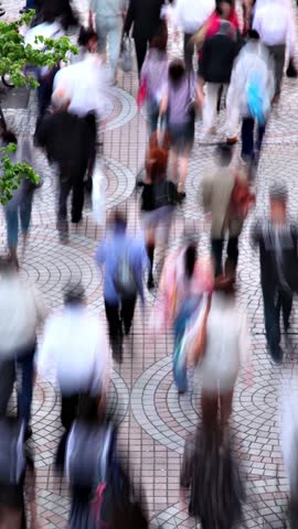 Time lapse of people walking along a crowded sidewalk in Tokyo Japan. Vertical Video.
