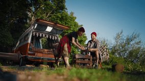 Weekend trip to nature, travelers relaxing and dining near camper van in park. Wanderlust and adventures, couple of tourists traveling by motorhome in woodland, enjoy calmness, freedom and solitude - Powered by Shutterstock - Get 15% off with code: PIKWIZARD15