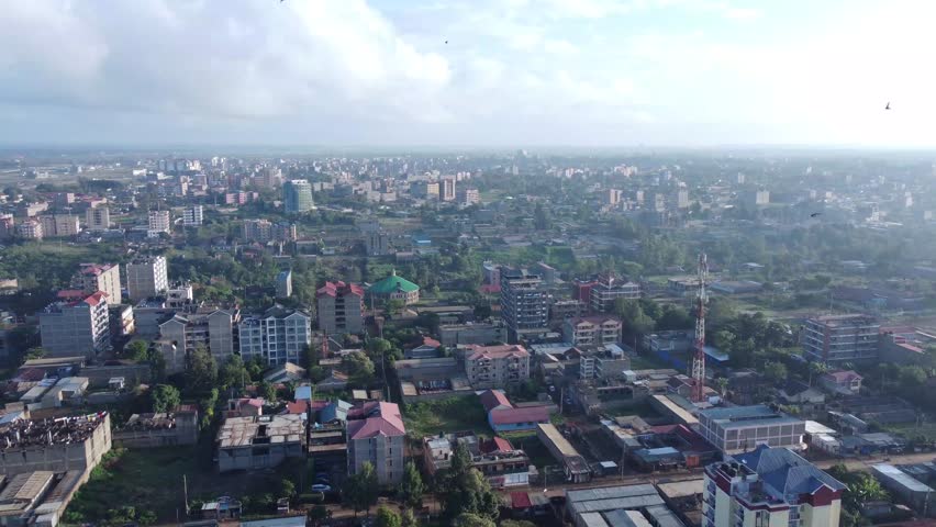 Aerial View of Suburban area of African urban village Ruiru, Thika Road Superhighway, Nairobi Kenya