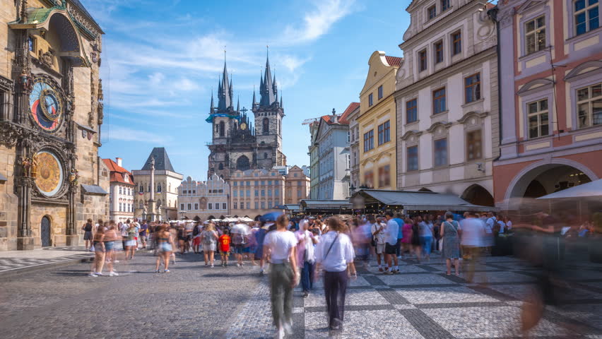 Prague Astronomical Clock and Church Cathedral main sqaure  timelapse hyperlapse, medieval astronomical clock, on the southern wall of Old Town City Hall in the Old Town Square, Prague, Czech Republic