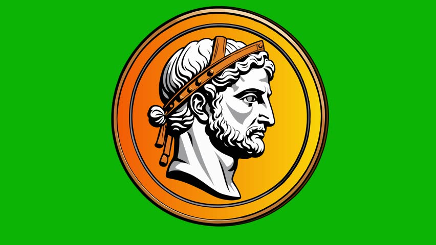 Golden cartoon ancient roman or greek coin with emperor that spins on its axis on a green screen chromakey background
