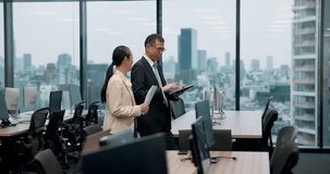 Man, woman and tablet with documents in office, talking and review for project at insurance agency. Japanese business people, secretary and boss with touchscreen, paperwork and feedback at company - Powered by Shutterstock - Get 15% off with code: PIKWIZARD15