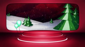 Christmas podium backdrop, displaying snowy landscape with pine trees and balloons. A 3D graphics background, perfect for product placement, promos, offers and events - Powered by Shutterstock - Get 15% off with code: PIKWIZARD15