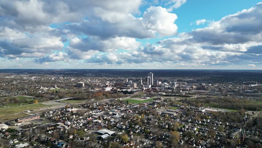 Fort Wayne, Indiana skyline from away drone aerial on beautiful afternoon