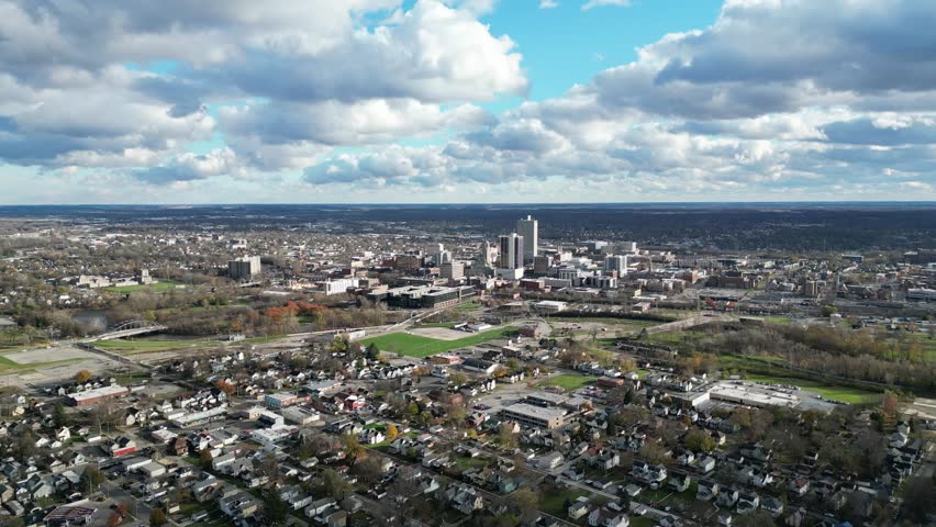 Fort Wayne, Indiana skyline from away drone aerial on beautiful afternoon