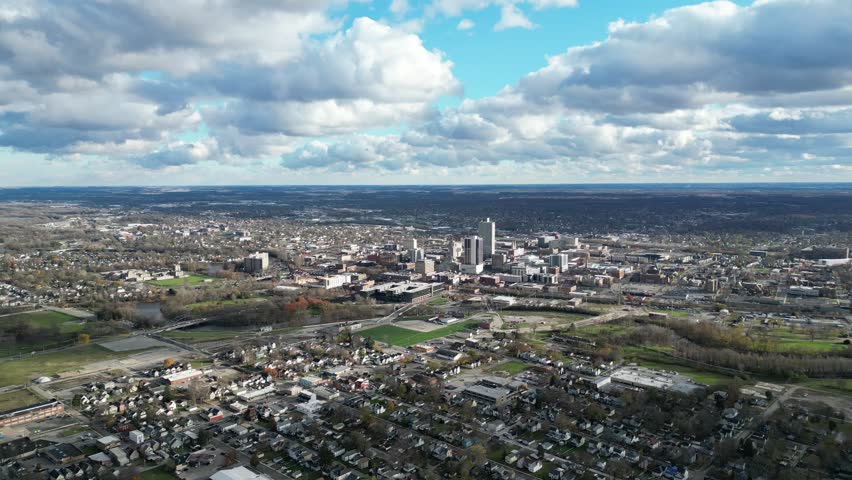 Fort Wayne, Indiana skyline from away drone aerial on beautiful afternoon