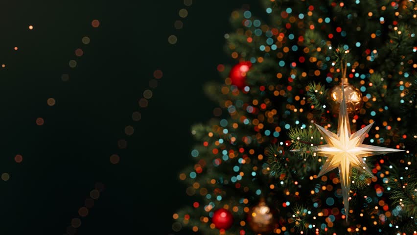 Christmas and New Year interior decorated tree. Flashing garland, illuminated lights. Christmas atmosphere. 4K