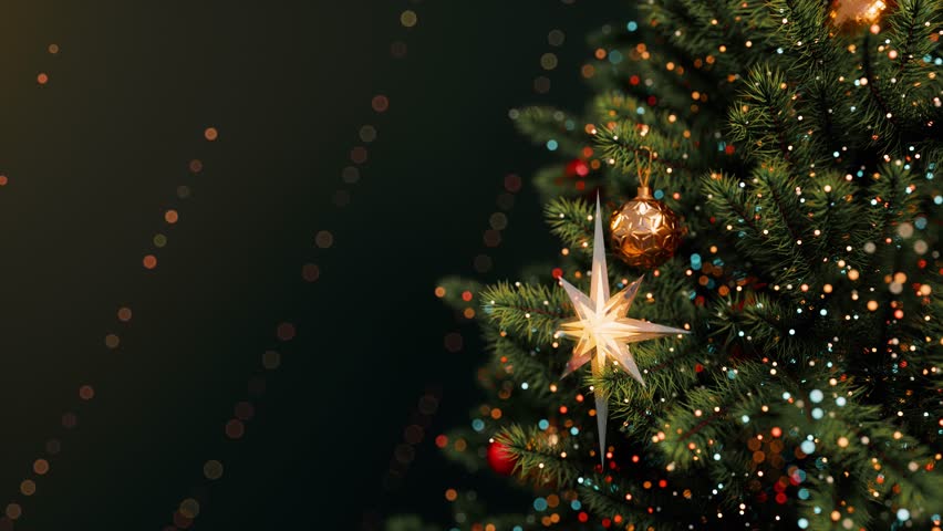 Christmas and New Year interior decorated tree. Flashing garland, illuminated lights. Christmas atmosphere. 4K