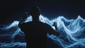 Silhouette Man Controls Virtual Blue Waves Digital Art Technology Innovation Future - Powered by Shutterstock - Get 15% off with code: PIKWIZARD15