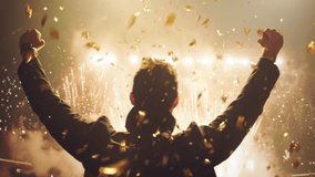 Victorious Silhouette Raises Arms In Golden Confetti Celebration Success Achievement Victory Energy - Powered by Shutterstock - Get 15% off with code: PIKWIZARD15