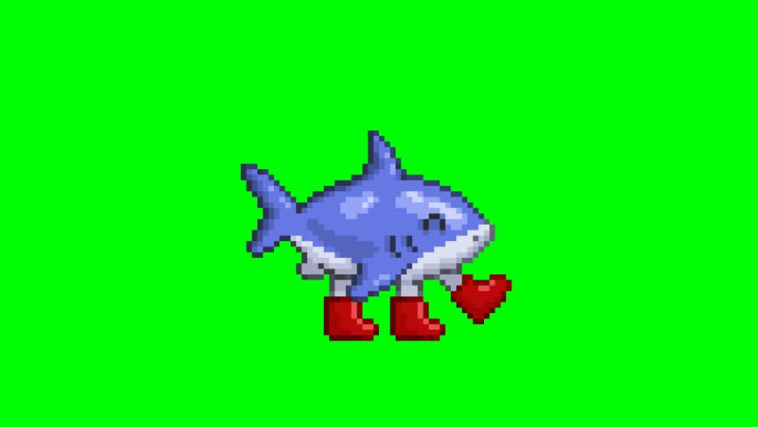 Cute shark with red boots, pixel art meme animation 