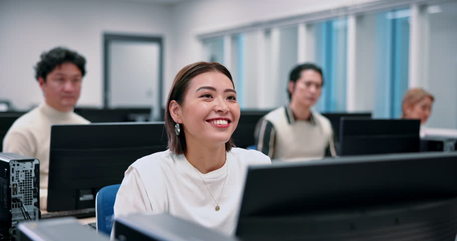 Japanese woman, students and computer science for learning, education and lesson in lab for degree. Group, people and classroom in university or college for skill, language and scholarship in school
