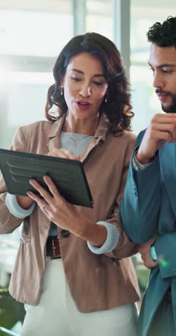 Happy, business people and tablet with high five for winning, good job or well done at office. Businessman, woman or employees with smile or technology for teamwork, promotion or success at workplace