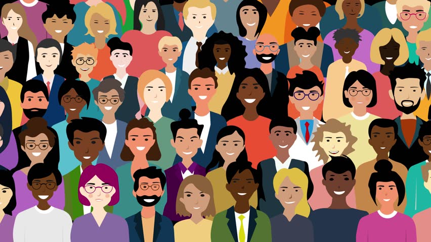 Crowd of Multicultural People Standing together happily Cartoon Characters animation. Group of Multiethnic smiling persons males and females with different social figures.