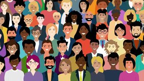 Crowd of Multicultural People Standing together happily Cartoon Characters animation. Group of Multiethnic smiling persons males and females with different social figures. - Powered by Shutterstock - Get 15% off with code: PIKWIZARD15