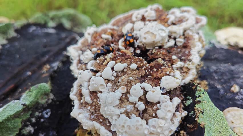 fungus beetle crawling around the wild rotting wet bracket fungus.