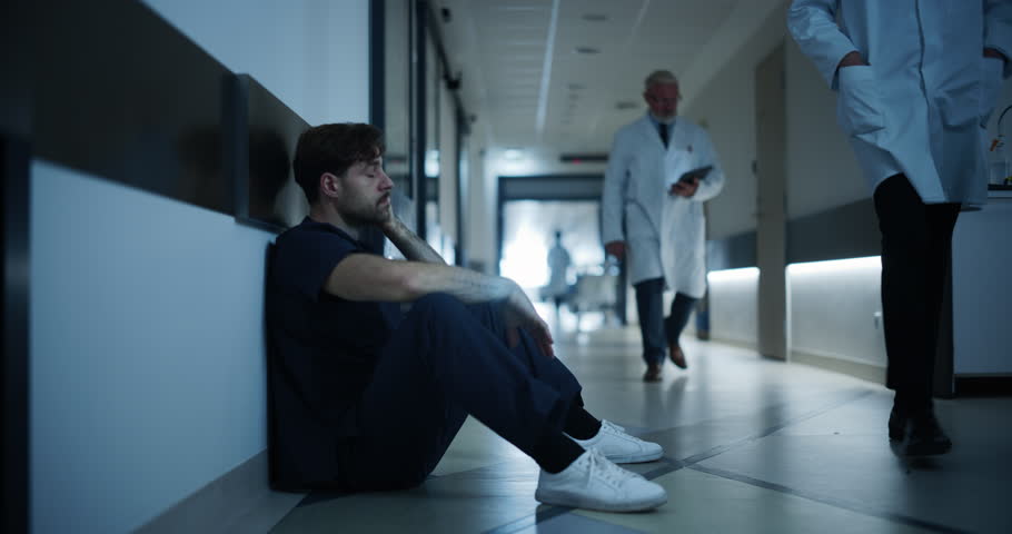 Overworked Male Medical Professional Sits Down on the Hospital Hallway Floor in Scrubs, Tired Expression Reflecting the Strain of Caring for Patients. Stressed Surgeon Taking Time to Regain Energy