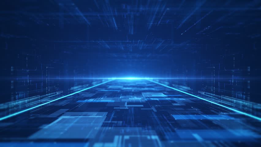 A technology background featuring perspective planes of flickering hi-tech grids. A blue digital terrain of hologram grids and flashing squares.Use this on technology or digital-related projects. 