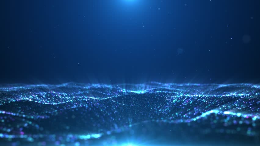 The blue particles flow in the ocean, elegant particles jump like waves, and there are some flickering lights. Ocean particle dynamic video, LED background for corporate press conference.