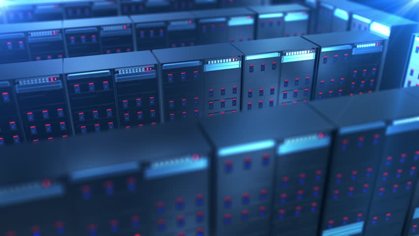 Modern interior server room data center. Cloud computing datacenter server room. Connection and cyber network. Backup, mining, hosting, mainframe, farm, cloud and computer rack.