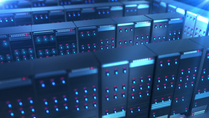 Modern interior server room data center. Cloud computing datacenter server room. Connection and cyber network. Backup, mining, hosting, mainframe, farm, cloud and computer rack.